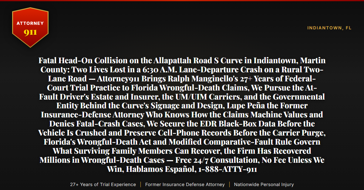Fatal Head-On Collision on the Allapattah Road S Curve in Indiantown, Martin County: Two Lives Lost in a 6:30 A.M. Lane-Departure Crash on a Rural Two-Lane Road — Attorney911 Brings Ralph Manginello's 27+ Years of Federal-Court Trial Practice to Florida Wrongful-Death Claims, We Pursue the At-Fault Driver's Estate and Insurer, the UM/UIM Carriers, and the Governmental Entity Behind the Curve's Signage and Design, Lupe Peña the Former Insurance-Defense Attorney Who Knows How the Claims Machine Values and Denies Fatal-Crash Cases, We Secure the EDR Black-Box Data Before the Vehicle Is Crushed and Preserve Cell-Phone Records Before the Carrier Purge, Florida's Wrongful-Death Act and Modified Comparative-Fault Rule Govern What Surviving Family Members Can Recover, the Firm Has Recovered Millions in Wrongful-Death Cases — Free 24/7 Consultation, No Fee Unless We Win, Hablamos Español, 1-888-ATTY-911 - Attorney911