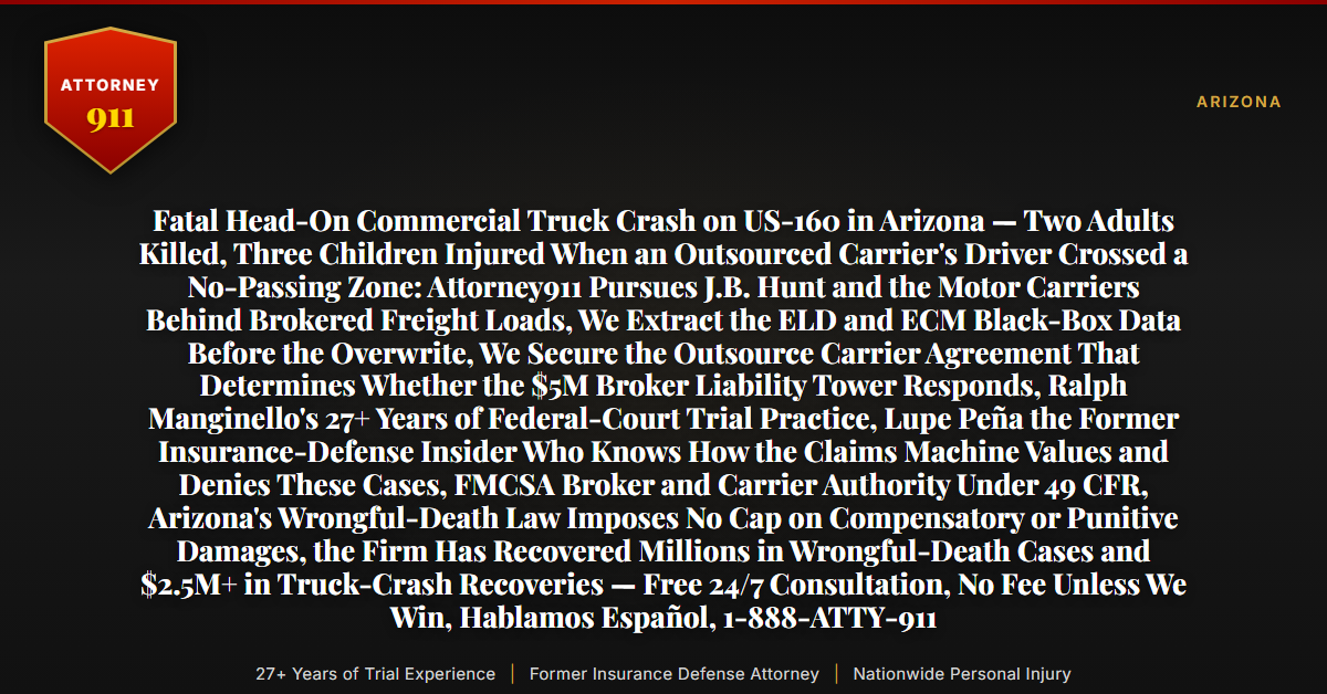 Fatal Head-On Commercial Truck Crash on US-160 in Arizona — Two Adults Killed, Three Children Injured When an Outsourced Carrier's Driver Crossed a No-Passing Zone: Attorney911 Pursues J.B. Hunt and the Motor Carriers Behind Brokered Freight Loads, We Extract the ELD and ECM Black-Box Data Before the Overwrite, We Secure the Outsource Carrier Agreement That Determines Whether the $5M Broker Liability Tower Responds, Ralph Manginello's 27+ Years of Federal-Court Trial Practice, Lupe Peña the Former Insurance-Defense Insider Who Knows How the Claims Machine Values and Denies These Cases, FMCSA Broker and Carrier Authority Under 49 CFR, Arizona's Wrongful-Death Law Imposes No Cap on Compensatory or Punitive Damages, the Firm Has Recovered Millions in Wrongful-Death Cases and $2.5M+ in Truck-Crash Recoveries — Free 24/7 Consultation, No Fee Unless We Win, Hablamos Español, 1-888-ATTY-911 - Attorney911