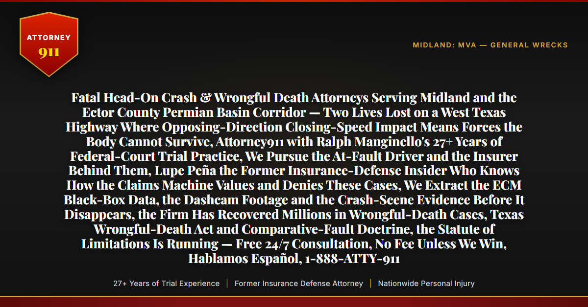 Fatal Head-On Crash & Wrongful Death Attorneys Serving Midland and the Ector County Permian Basin Corridor — Two Lives Lost on a West Texas Highway Where Opposing-Direction Closing-Speed Impact Means Forces the Body Cannot Survive, Attorney911 with Ralph Manginello's 27+ Years of Federal-Court Trial Practice, We Pursue the At-Fault Driver and the Insurer Behind Them, Lupe Peña the Former Insurance-Defense Insider Who Knows How the Claims Machine Values and Denies These Cases, We Extract the ECM Black-Box Data, the Dashcam Footage and the Crash-Scene Evidence Before It Disappears, the Firm Has Recovered Millions in Wrongful-Death Cases, Texas Wrongful-Death Act and Comparative-Fault Doctrine, the Statute of Limitations Is Running — Free 24/7 Consultation, No Fee Unless We Win, Hablamos Español, 1-888-ATTY-911 - Attorney911