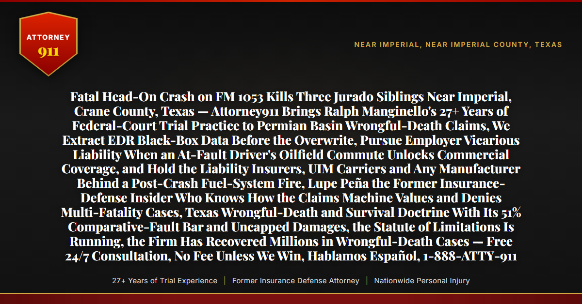 Fatal Head-On Crash on FM 1053 Kills Three Jurado Siblings Near Imperial, Crane County, Texas — Attorney911 Brings Ralph Manginello's 27+ Years of Federal-Court Trial Practice to Permian Basin Wrongful-Death Claims, We Extract EDR Black-Box Data Before the Overwrite, Pursue Employer Vicarious Liability When an At-Fault Driver's Oilfield Commute Unlocks Commercial Coverage, and Hold the Liability Insurers, UIM Carriers and Any Manufacturer Behind a Post-Crash Fuel-System Fire, Lupe Peña the Former Insurance-Defense Insider Who Knows How the Claims Machine Values and Denies Multi-Fatality Cases, Texas Wrongful-Death and Survival Doctrine With Its 51% Comparative-Fault Bar and Uncapped Damages, the Statute of Limitations Is Running, the Firm Has Recovered Millions in Wrongful-Death Cases — Free 24/7 Consultation, No Fee Unless We Win, Hablamos Español, 1-888-ATTY-911 - Attorney911