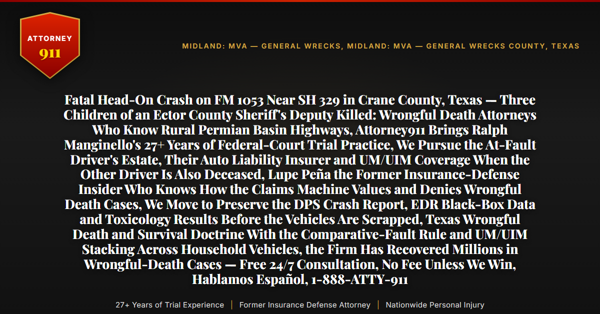 Fatal Head-On Crash on FM 1053 Near SH 329 in Crane County, Texas — Three Children of an Ector County Sheriff's Deputy Killed: Wrongful Death Attorneys Who Know Rural Permian Basin Highways, Attorney911 Brings Ralph Manginello's 27+ Years of Federal-Court Trial Practice, We Pursue the At-Fault Driver's Estate, Their Auto Liability Insurer and UM/UIM Coverage When the Other Driver Is Also Deceased, Lupe Peña the Former Insurance-Defense Insider Who Knows How the Claims Machine Values and Denies Wrongful Death Cases, We Move to Preserve the DPS Crash Report, EDR Black-Box Data and Toxicology Results Before the Vehicles Are Scrapped, Texas Wrongful Death and Survival Doctrine With the Comparative-Fault Rule and UM/UIM Stacking Across Household Vehicles, the Firm Has Recovered Millions in Wrongful-Death Cases — Free 24/7 Consultation, No Fee Unless We Win, Hablamos Español, 1-888-ATTY-911 - Attorney911