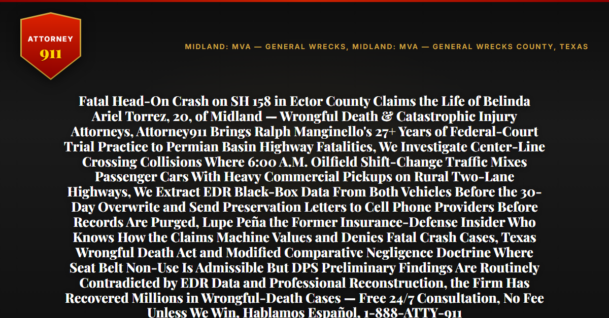 Fatal Head-On Crash on SH 158 in Ector County Claims the Life of Belinda Ariel Torrez, 20, of Midland — Wrongful Death & Catastrophic Injury Attorneys, Attorney911 Brings Ralph Manginello's 27+ Years of Federal-Court Trial Practice to Permian Basin Highway Fatalities, We Investigate Center-Line Crossing Collisions Where 6:00 A.M. Oilfield Shift-Change Traffic Mixes Passenger Cars With Heavy Commercial Pickups on Rural Two-Lane Highways, We Extract EDR Black-Box Data From Both Vehicles Before the 30-Day Overwrite and Send Preservation Letters to Cell Phone Providers Before Records Are Purged, Lupe Peña the Former Insurance-Defense Insider Who Knows How the Claims Machine Values and Denies Fatal Crash Cases, Texas Wrongful Death Act and Modified Comparative Negligence Doctrine Where Seat Belt Non-Use Is Admissible But DPS Preliminary Findings Are Routinely Contradicted by EDR Data and Professional Reconstruction, the Firm Has Recovered Millions in Wrongful-Death Cases — Free 24/7 Consultation, No Fee Unless We Win, Hablamos Español, 1-888-ATTY-911 - Attorney911