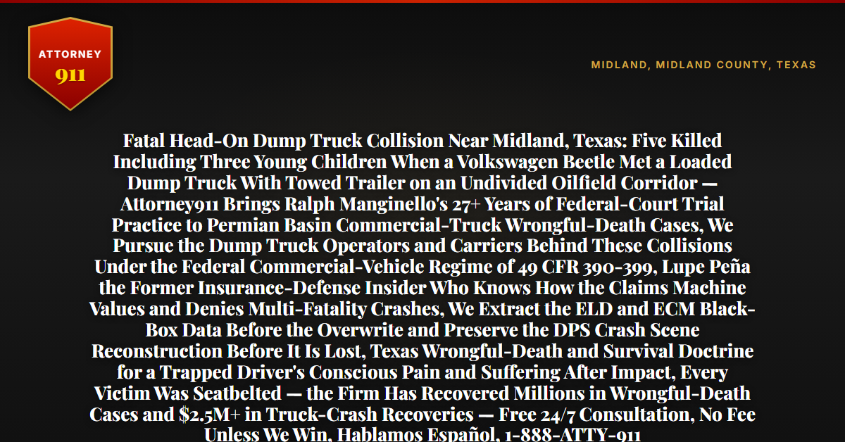 Fatal Head-On Dump Truck Collision Near Midland, Texas: Five Killed Including Three Young Children When a Volkswagen Beetle Met a Loaded Dump Truck With Towed Trailer on an Undivided Oilfield Corridor — Attorney911 Brings Ralph Manginello's 27+ Years of Federal-Court Trial Practice to Permian Basin Commercial-Truck Wrongful-Death Cases, We Pursue the Dump Truck Operators and Carriers Behind These Collisions Under the Federal Commercial-Vehicle Regime of 49 CFR 390-399, Lupe Peña the Former Insurance-Defense Insider Who Knows How the Claims Machine Values and Denies Multi-Fatality Crashes, We Extract the ELD and ECM Black-Box Data Before the Overwrite and Preserve the DPS Crash Scene Reconstruction Before It Is Lost, Texas Wrongful-Death and Survival Doctrine for a Trapped Driver's Conscious Pain and Suffering After Impact, Every Victim Was Seatbelted — the Firm Has Recovered Millions in Wrongful-Death Cases and $2.5M+ in Truck-Crash Recoveries — Free 24/7 Consultation, No Fee Unless We Win, Hablamos Español, 1-888-ATTY-911 - Attorney911