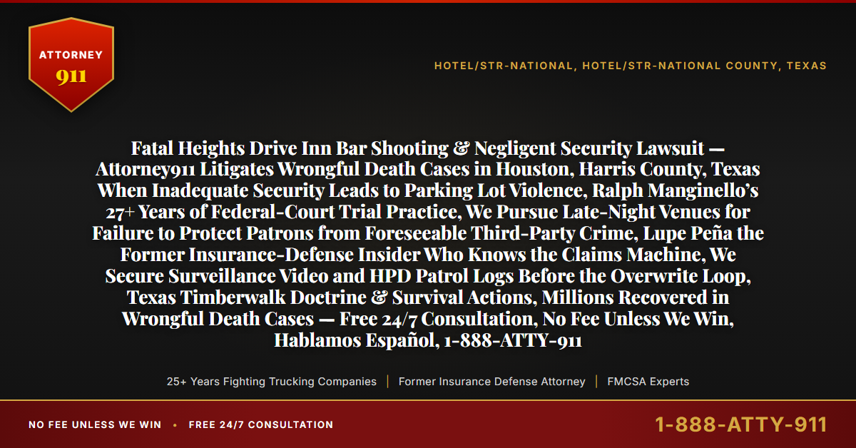 Fatal Heights Drive Inn Bar Shooting & Negligent Security Lawsuit — Attorney911 Litigates Wrongful Death Cases in Houston, Harris County, Texas When Inadequate Security Leads to Parking Lot Violence, Ralph Manginello’s 27+ Years of Federal-Court Trial Practice, We Pursue Late-Night Venues for Failure to Protect Patrons from Foreseeable Third-Party Crime, Lupe Peña the Former Insurance-Defense Insider Who Knows the Claims Machine, We Secure Surveillance Video and HPD Patrol Logs Before the Overwrite Loop, Texas Timberwalk Doctrine & Survival Actions, Millions Recovered in Wrongful Death Cases — Free 24/7 Consultation, No Fee Unless We Win, Hablamos Español, 1-888-ATTY-911 - Attorney911