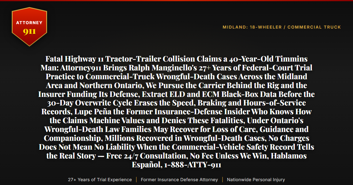 Fatal Highway 11 Tractor-Trailer Collision Claims a 40-Year-Old Timmins Man: Attorney911 Brings Ralph Manginello's 27+ Years of Federal-Court Trial Practice to Commercial-Truck Wrongful-Death Cases Across the Midland Area and Northern Ontario, We Pursue the Carrier Behind the Rig and the Insurer Funding Its Defense, Extract ELD and ECM Black-Box Data Before the 30-Day Overwrite Cycle Erases the Speed, Braking and Hours-of-Service Records, Lupe Peña the Former Insurance-Defense Insider Who Knows How the Claims Machine Values and Denies These Fatalities, Under Ontario's Wrongful-Death Law Families May Recover for Loss of Care, Guidance and Companionship, Millions Recovered in Wrongful-Death Cases, No Charges Does Not Mean No Liability When the Commercial-Vehicle Safety Record Tells the Real Story — Free 24/7 Consultation, No Fee Unless We Win, Hablamos Español, 1-888-ATTY-911 - Attorney911