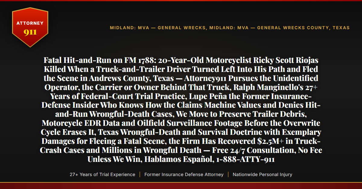 Fatal Hit-and-Run on FM 1788: 20-Year-Old Motorcyclist Ricky Scott Riojas Killed When a Truck-and-Trailer Driver Turned Left Into His Path and Fled the Scene in Andrews County, Texas — Attorney911 Pursues the Unidentified Operator, the Carrier or Owner Behind That Truck, Ralph Manginello's 27+ Years of Federal-Court Trial Practice, Lupe Peña the Former Insurance-Defense Insider Who Knows How the Claims Machine Values and Denies Hit-and-Run Wrongful-Death Cases, We Move to Preserve Trailer Debris, Motorcycle EDR Data and Oilfield Surveillance Footage Before the Overwrite Cycle Erases It, Texas Wrongful-Death and Survival Doctrine with Exemplary Damages for Fleeing a Fatal Scene, the Firm Has Recovered $2.5M+ in Truck-Crash Cases and Millions in Wrongful Death — Free 24/7 Consultation, No Fee Unless We Win, Hablamos Español, 1-888-ATTY-911 - Attorney911