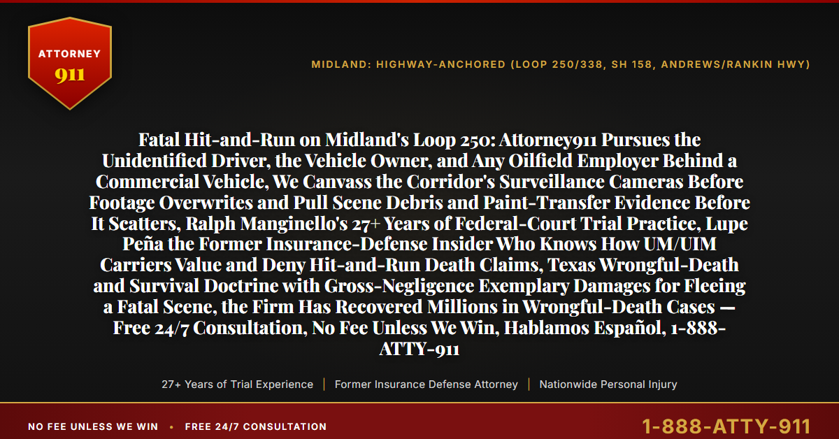 Fatal Hit-and-Run on Midland's Loop 250: Attorney911 Pursues the Unidentified Driver, the Vehicle Owner, and Any Oilfield Employer Behind a Commercial Vehicle, We Canvass the Corridor's Surveillance Cameras Before Footage Overwrites and Pull Scene Debris and Paint-Transfer Evidence Before It Scatters, Ralph Manginello's 27+ Years of Federal-Court Trial Practice, Lupe Peña the Former Insurance-Defense Insider Who Knows How UM/UIM Carriers Value and Deny Hit-and-Run Death Claims, Texas Wrongful-Death and Survival Doctrine with Gross-Negligence Exemplary Damages for Fleeing a Fatal Scene, the Firm Has Recovered Millions in Wrongful-Death Cases — Free 24/7 Consultation, No Fee Unless We Win, Hablamos Español, 1-888-ATTY-911 - Attorney911