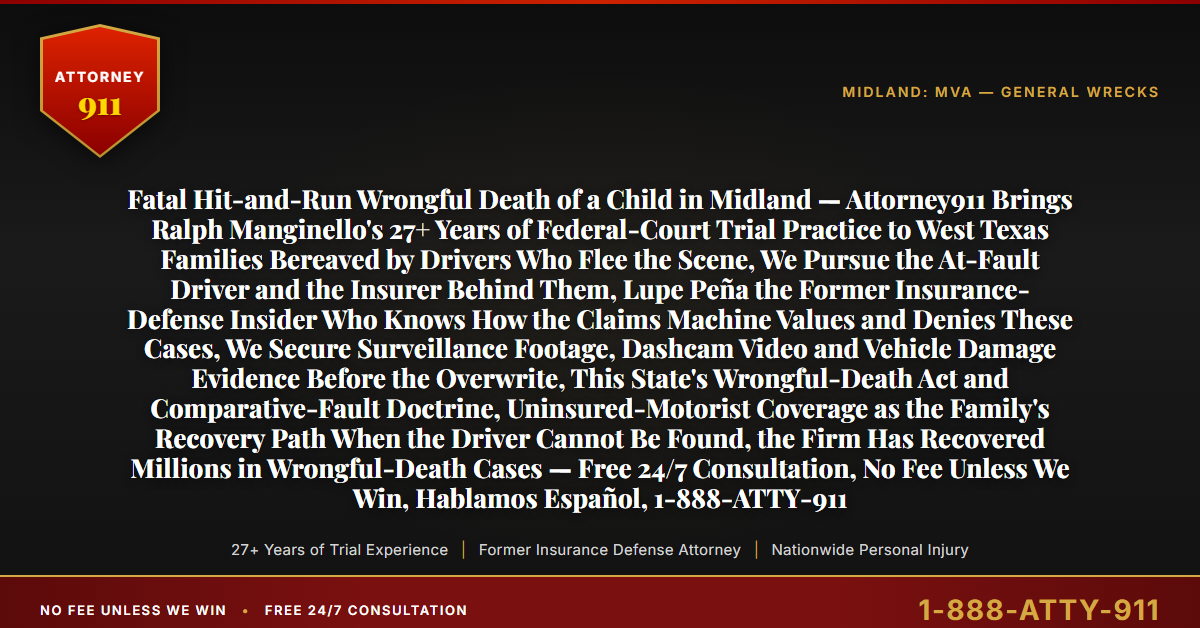 Fatal Hit-and-Run Wrongful Death of a Child in Midland — Attorney911 Brings Ralph Manginello's 27+ Years of Federal-Court Trial Practice to West Texas Families Bereaved by Drivers Who Flee the Scene, We Pursue the At-Fault Driver and the Insurer Behind Them, Lupe Peña the Former Insurance-Defense Insider Who Knows How the Claims Machine Values and Denies These Cases, We Secure Surveillance Footage, Dashcam Video and Vehicle Damage Evidence Before the Overwrite, This State's Wrongful-Death Act and Comparative-Fault Doctrine, Uninsured-Motorist Coverage as the Family's Recovery Path When the Driver Cannot Be Found, the Firm Has Recovered Millions in Wrongful-Death Cases — Free 24/7 Consultation, No Fee Unless We Win, Hablamos Español, 1-888-ATTY-911 - Attorney911