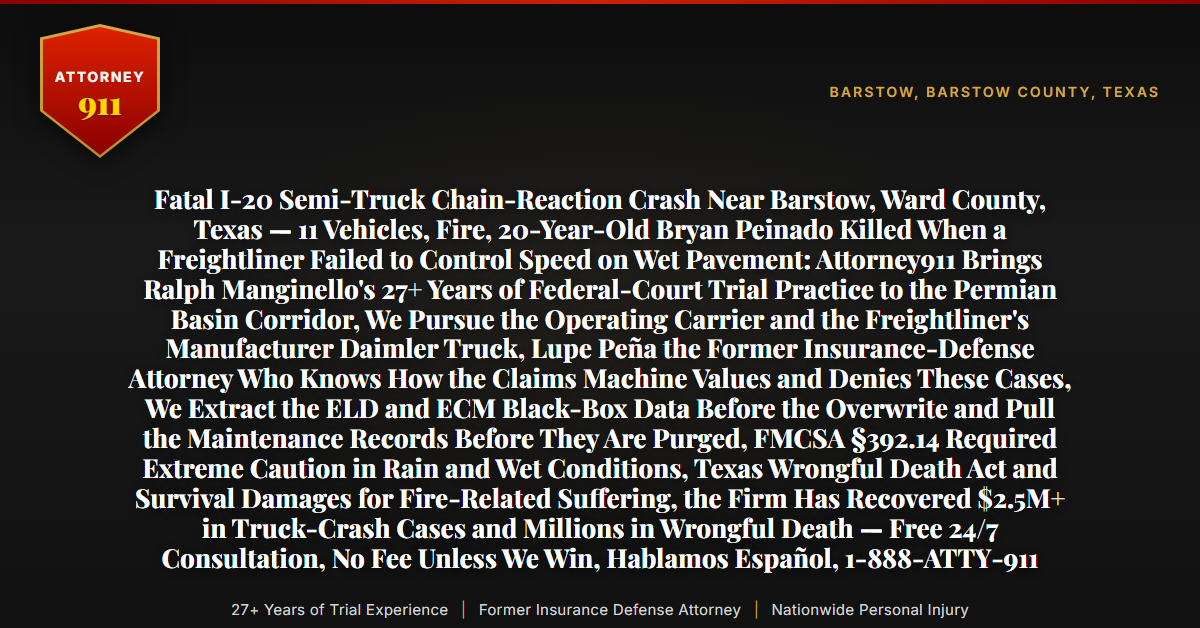 Fatal I-20 Semi-Truck Chain-Reaction Crash Near Barstow, Ward County, Texas — 11 Vehicles, Fire, 20-Year-Old Bryan Peinado Killed When a Freightliner Failed to Control Speed on Wet Pavement: Attorney911 Brings Ralph Manginello's 27+ Years of Federal-Court Trial Practice to the Permian Basin Corridor, We Pursue the Operating Carrier and the Freightliner's Manufacturer Daimler Truck, Lupe Peña the Former Insurance-Defense Attorney Who Knows How the Claims Machine Values and Denies These Cases, We Extract the ELD and ECM Black-Box Data Before the Overwrite and Pull the Maintenance Records Before They Are Purged, FMCSA §392.14 Required Extreme Caution in Rain and Wet Conditions, Texas Wrongful Death Act and Survival Damages for Fire-Related Suffering, the Firm Has Recovered $2.5M+ in Truck-Crash Cases and Millions in Wrongful Death — Free 24/7 Consultation, No Fee Unless We Win, Hablamos Español, 1-888-ATTY-911 - Attorney911