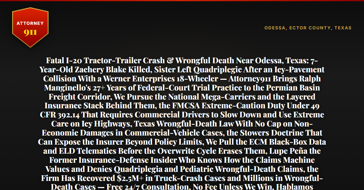 Fatal I-20 Tractor-Trailer Crash & Wrongful Death Near Odessa, Texas: 7-Year-Old Zachery Blake Killed, Sister Left Quadriplegic After an Icy-Pavement Collision With a Werner Enterprises 18-Wheeler — Attorney911 Brings Ralph Manginello's 27+ Years of Federal-Court Trial Practice to the Permian Basin Freight Corridor, We Pursue the National Mega-Carriers and the Layered Insurance Stack Behind Them, the FMCSA Extreme-Caution Duty Under 49 CFR 392.14 That Requires Commercial Drivers to Slow Down and Use Extreme Care on Icy Highways, Texas Wrongful-Death Law With No Cap on Non-Economic Damages in Commercial-Vehicle Cases, the Stowers Doctrine That Can Expose the Insurer Beyond Policy Limits, We Pull the ECM Black-Box Data and ELD Telematics Before the Overwrite Cycle Erases Them, Lupe Peña the Former Insurance-Defense Insider Who Knows How the Claims Machine Values and Denies Quadriplegia and Pediatric Wrongful-Death Claims, the Firm Has Recovered $2.5M+ in Truck-Crash Cases and Millions in Wrongful-Death Cases — Free 24/7 Consultation, No Fee Unless We Win, Hablamos Español, 1-888-ATTY-911 - Attorney911
