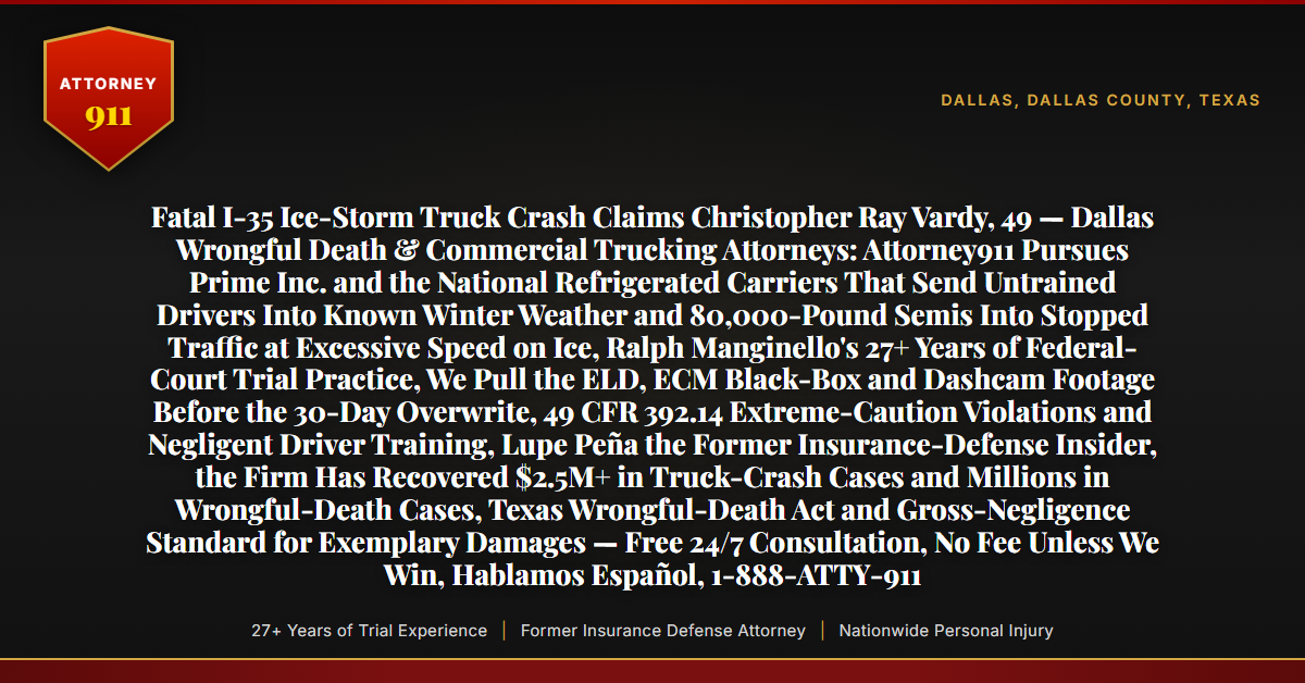 Fatal I-35 Ice-Storm Truck Crash Claims Christopher Ray Vardy, 49 — Dallas Wrongful Death & Commercial Trucking Attorneys: Attorney911 Pursues Prime Inc. and the National Refrigerated Carriers That Send Untrained Drivers Into Known Winter Weather and 80,000-Pound Semis Into Stopped Traffic at Excessive Speed on Ice, Ralph Manginello's 27+ Years of Federal-Court Trial Practice, We Pull the ELD, ECM Black-Box and Dashcam Footage Before the 30-Day Overwrite, 49 CFR 392.14 Extreme-Caution Violations and Negligent Driver Training, Lupe Peña the Former Insurance-Defense Insider, the Firm Has Recovered $2.5M+ in Truck-Crash Cases and Millions in Wrongful-Death Cases, Texas Wrongful-Death Act and Gross-Negligence Standard for Exemplary Damages — Free 24/7 Consultation, No Fee Unless We Win, Hablamos Español, 1-888-ATTY-911 - Attorney911