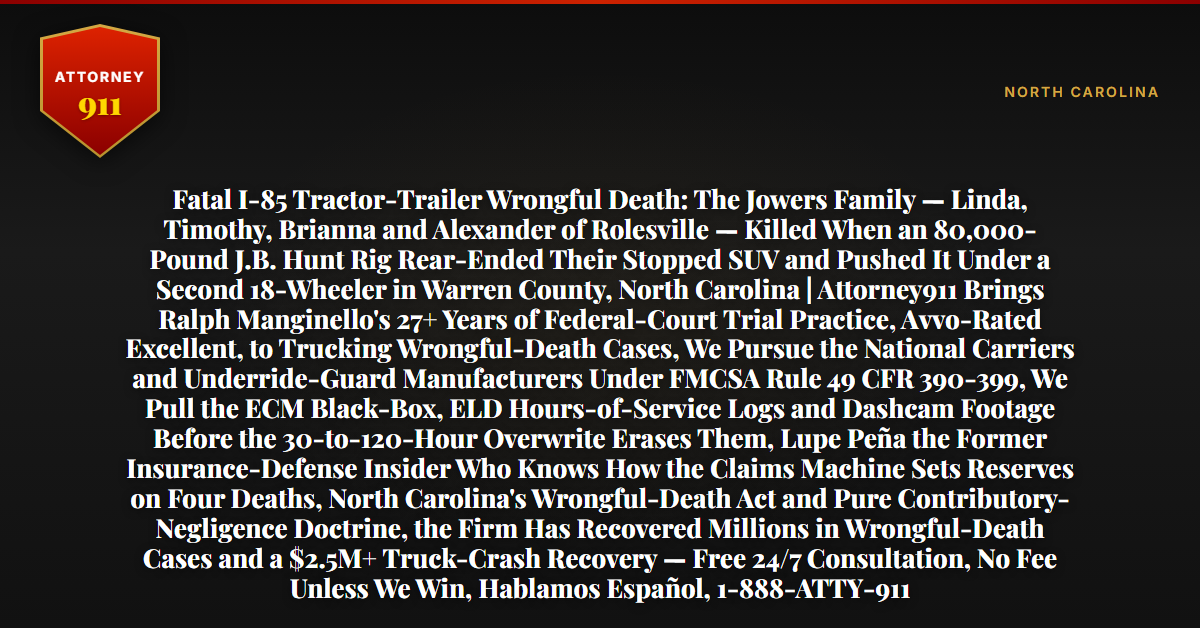Fatal I-85 Tractor-Trailer Wrongful Death: The Jowers Family — Linda, Timothy, Brianna and Alexander of Rolesville — Killed When an 80,000-Pound J.B. Hunt Rig Rear-Ended Their Stopped SUV and Pushed It Under a Second 18-Wheeler in Warren County, North Carolina | Attorney911 Brings Ralph Manginello's 27+ Years of Federal-Court Trial Practice, Avvo-Rated Excellent, to Trucking Wrongful-Death Cases, We Pursue the National Carriers and Underride-Guard Manufacturers Under FMCSA Rule 49 CFR 390-399, We Pull the ECM Black-Box, ELD Hours-of-Service Logs and Dashcam Footage Before the 30-to-120-Hour Overwrite Erases Them, Lupe Peña the Former Insurance-Defense Insider Who Knows How the Claims Machine Sets Reserves on Four Deaths, North Carolina's Wrongful-Death Act and Pure Contributory-Negligence Doctrine, the Firm Has Recovered Millions in Wrongful-Death Cases and a $2.5M+ Truck-Crash Recovery — Free 24/7 Consultation, No Fee Unless We Win, Hablamos Español, 1-888-ATTY-911 - Attorney911