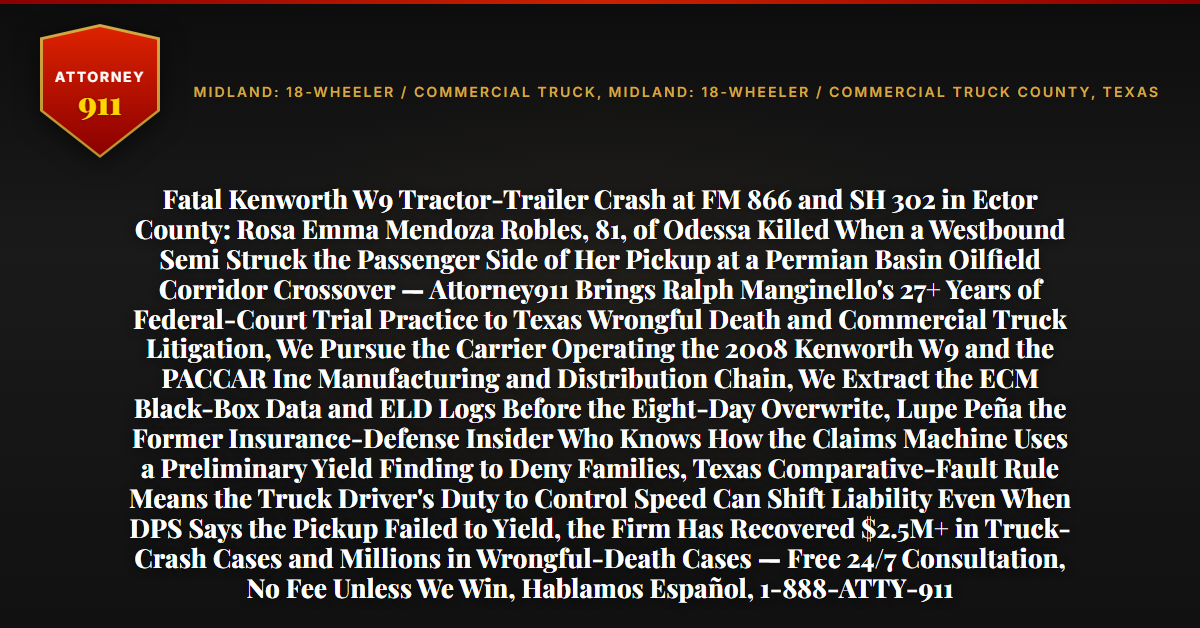 Fatal Kenworth W9 Tractor-Trailer Crash at FM 866 and SH 302 in Ector County: Rosa Emma Mendoza Robles, 81, of Odessa Killed When a Westbound Semi Struck the Passenger Side of Her Pickup at a Permian Basin Oilfield Corridor Crossover — Attorney911 Brings Ralph Manginello's 27+ Years of Federal-Court Trial Practice to Texas Wrongful Death and Commercial Truck Litigation, We Pursue the Carrier Operating the 2008 Kenworth W9 and the PACCAR Inc Manufacturing and Distribution Chain, We Extract the ECM Black-Box Data and ELD Logs Before the Eight-Day Overwrite, Lupe Peña the Former Insurance-Defense Insider Who Knows How the Claims Machine Uses a Preliminary Yield Finding to Deny Families, Texas Comparative-Fault Rule Means the Truck Driver's Duty to Control Speed Can Shift Liability Even When DPS Says the Pickup Failed to Yield, the Firm Has Recovered $2.5M+ in Truck-Crash Cases and Millions in Wrongful-Death Cases — Free 24/7 Consultation, No Fee Unless We Win, Hablamos Español, 1-888-ATTY-911 - Attorney911