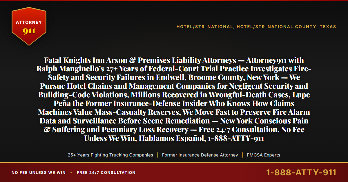 Fatal Knights Inn Arson & Premises Liability Attorneys — Attorney911 with Ralph Manginello’s 27+ Years of Federal-Court Trial Practice Investigates Fire-Safety and Security Failures in Endwell, Broome County, New York — We Pursue Hotel Chains and Management Companies for Negligent Security and Building-Code Violations, Millions Recovered in Wrongful-Death Cases, Lupe Peña the Former Insurance-Defense Insider Who Knows How Claims Machines Value Mass-Casualty Reserves, We Move Fast to Preserve Fire Alarm Data and Surveillance Before Scene Remediation — New York Conscious Pain & Suffering and Pecuniary Loss Recovery — Free 24/7 Consultation, No Fee Unless We Win, Hablamos Español, 1-888-ATTY-911 - Attorney911