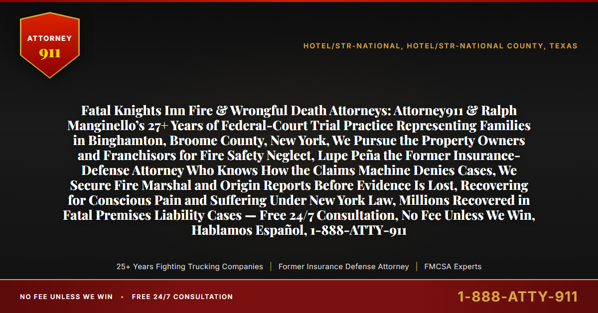 Fatal Knights Inn Fire & Wrongful Death Attorneys: Attorney911 & Ralph Manginello’s 27+ Years of Federal-Court Trial Practice Representing Families in Binghamton, Broome County, New York, We Pursue the Property Owners and Franchisors for Fire Safety Neglect, Lupe Peña the Former Insurance-Defense Attorney Who Knows How the Claims Machine Denies Cases, We Secure Fire Marshal and Origin Reports Before Evidence Is Lost, Recovering for Conscious Pain and Suffering Under New York Law, Millions Recovered in Fatal Premises Liability Cases — Free 24/7 Consultation, No Fee Unless We Win, Hablamos Español, 1-888-ATTY-911 - Attorney911