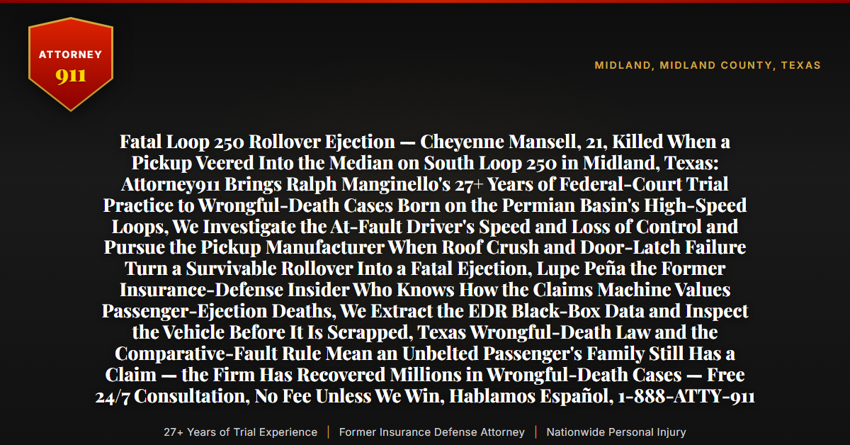 Fatal Loop 250 Rollover Ejection — Cheyenne Mansell, 21, Killed When a Pickup Veered Into the Median on South Loop 250 in Midland, Texas: Attorney911 Brings Ralph Manginello's 27+ Years of Federal-Court Trial Practice to Wrongful-Death Cases Born on the Permian Basin's High-Speed Loops, We Investigate the At-Fault Driver's Speed and Loss of Control and Pursue the Pickup Manufacturer When Roof Crush and Door-Latch Failure Turn a Survivable Rollover Into a Fatal Ejection, Lupe Peña the Former Insurance-Defense Insider Who Knows How the Claims Machine Values Passenger-Ejection Deaths, We Extract the EDR Black-Box Data and Inspect the Vehicle Before It Is Scrapped, Texas Wrongful-Death Law and the Comparative-Fault Rule Mean an Unbelted Passenger's Family Still Has a Claim — the Firm Has Recovered Millions in Wrongful-Death Cases — Free 24/7 Consultation, No Fee Unless We Win, Hablamos Español, 1-888-ATTY-911 - Attorney911