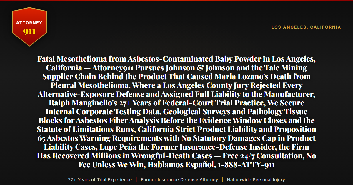 Fatal Mesothelioma from Asbestos-Contaminated Baby Powder in Los Angeles, California — Attorney911 Pursues Johnson & Johnson and the Talc Mining Supplier Chain Behind the Product That Caused Maria Lozano's Death from Pleural Mesothelioma, Where a Los Angeles County Jury Rejected Every Alternative-Exposure Defense and Assigned Full Liability to the Manufacturer, Ralph Manginello's 27+ Years of Federal-Court Trial Practice, We Secure Internal Corporate Testing Data, Geological Surveys and Pathology Tissue Blocks for Asbestos Fiber Analysis Before the Evidence Window Closes and the Statute of Limitations Runs, California Strict Product Liability and Proposition 65 Asbestos Warning Requirements with No Statutory Damages Cap in Product Liability Cases, Lupe Peña the Former Insurance-Defense Insider, the Firm Has Recovered Millions in Wrongful-Death Cases — Free 24/7 Consultation, No Fee Unless We Win, Hablamos Español, 1-888-ATTY-911 - Attorney911