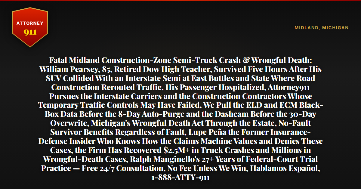 Fatal Midland Construction-Zone Semi-Truck Crash & Wrongful Death: William Pearsey, 85, Retired Dow High Teacher, Survived Five Hours After His SUV Collided With an Interstate Semi at East Buttles and State Where Road Construction Rerouted Traffic, His Passenger Hospitalized, Attorney911 Pursues the Interstate Carriers and the Construction Contractors Whose Temporary Traffic Controls May Have Failed, We Pull the ELD and ECM Black-Box Data Before the 8-Day Auto-Purge and the Dashcam Before the 30-Day Overwrite, Michigan's Wrongful Death Act Through the Estate, No-Fault Survivor Benefits Regardless of Fault, Lupe Peña the Former Insurance-Defense Insider Who Knows How the Claims Machine Values and Denies These Cases, the Firm Has Recovered $2.5M+ in Truck Crashes and Millions in Wrongful-Death Cases, Ralph Manginello's 27+ Years of Federal-Court Trial Practice — Free 24/7 Consultation, No Fee Unless We Win, Hablamos Español, 1-888-ATTY-911 - Attorney911