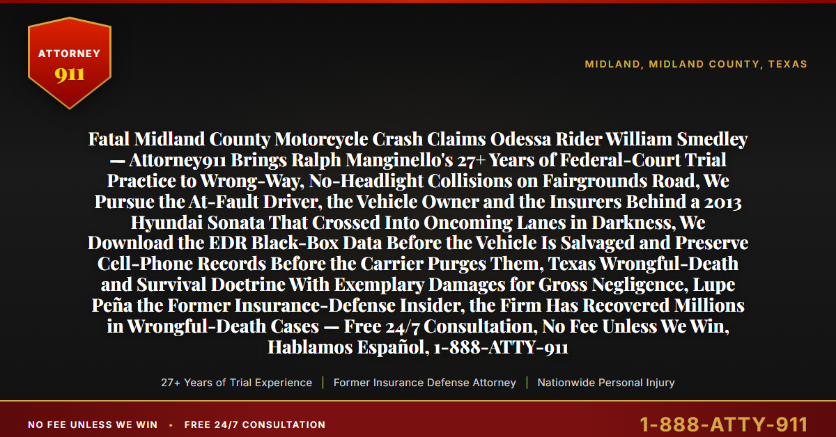 Fatal Midland County Motorcycle Crash Claims Odessa Rider William Smedley — Attorney911 Brings Ralph Manginello's 27+ Years of Federal-Court Trial Practice to Wrong-Way, No-Headlight Collisions on Fairgrounds Road, We Pursue the At-Fault Driver, the Vehicle Owner and the Insurers Behind a 2013 Hyundai Sonata That Crossed Into Oncoming Lanes in Darkness, We Download the EDR Black-Box Data Before the Vehicle Is Salvaged and Preserve Cell-Phone Records Before the Carrier Purges Them, Texas Wrongful-Death and Survival Doctrine With Exemplary Damages for Gross Negligence, Lupe Peña the Former Insurance-Defense Insider, the Firm Has Recovered Millions in Wrongful-Death Cases — Free 24/7 Consultation, No Fee Unless We Win, Hablamos Español, 1-888-ATTY-911 - Attorney911