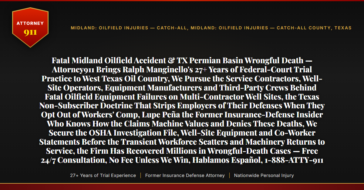Fatal Midland Oilfield Accident & TX Permian Basin Wrongful Death — Attorney911 Brings Ralph Manginello's 27+ Years of Federal-Court Trial Practice to West Texas Oil Country, We Pursue the Service Contractors, Well-Site Operators, Equipment Manufacturers and Third-Party Crews Behind Fatal Oilfield Equipment Failures on Multi-Contractor Well Sites, the Texas Non-Subscriber Doctrine That Strips Employers of Their Defenses When They Opt Out of Workers' Comp, Lupe Peña the Former Insurance-Defense Insider Who Knows How the Claims Machine Values and Denies These Deaths, We Secure the OSHA Investigation File, Well-Site Equipment and Co-Worker Statements Before the Transient Workforce Scatters and Machinery Returns to Service, the Firm Has Recovered Millions in Wrongful-Death Cases — Free 24/7 Consultation, No Fee Unless We Win, Hablamos Español, 1-888-ATTY-911 - Attorney911