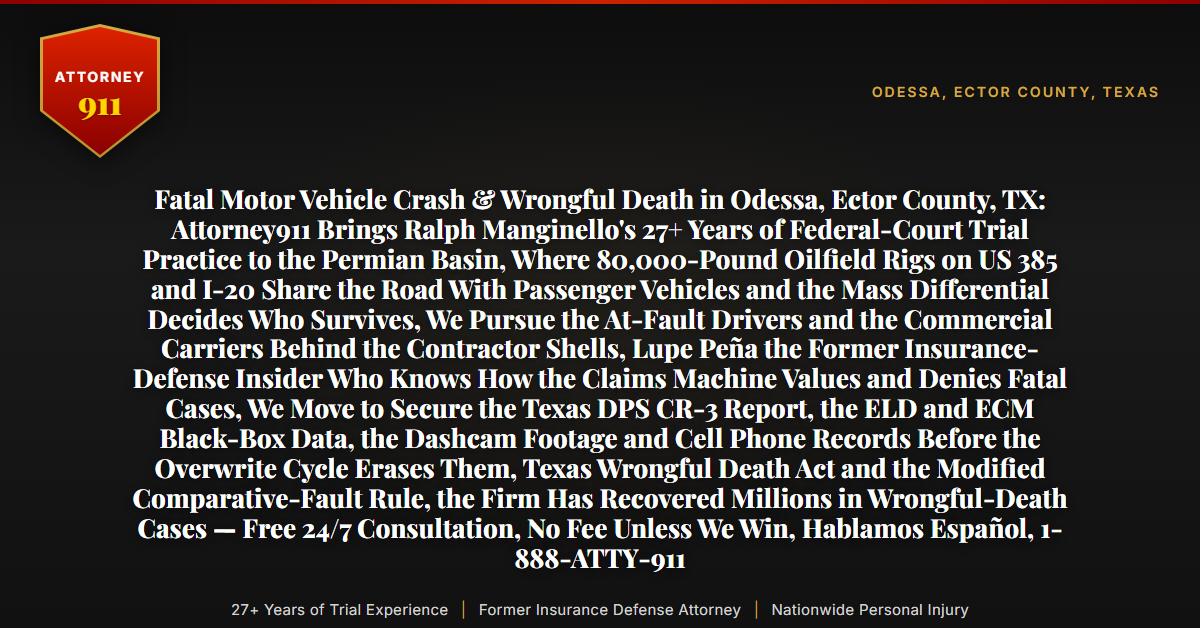 Fatal Motor Vehicle Crash & Wrongful Death in Odessa, Ector County, TX: Attorney911 Brings Ralph Manginello's 27+ Years of Federal-Court Trial Practice to the Permian Basin, Where 80,000-Pound Oilfield Rigs on US 385 and I-20 Share the Road With Passenger Vehicles and the Mass Differential Decides Who Survives, We Pursue the At-Fault Drivers and the Commercial Carriers Behind the Contractor Shells, Lupe Peña the Former Insurance-Defense Insider Who Knows How the Claims Machine Values and Denies Fatal Cases, We Move to Secure the Texas DPS CR-3 Report, the ELD and ECM Black-Box Data, the Dashcam Footage and Cell Phone Records Before the Overwrite Cycle Erases Them, Texas Wrongful Death Act and the Modified Comparative-Fault Rule, the Firm Has Recovered Millions in Wrongful-Death Cases — Free 24/7 Consultation, No Fee Unless We Win, Hablamos Español, 1-888-ATTY-911 - Attorney911