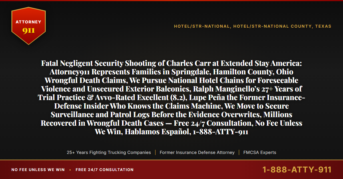 Fatal Negligent Security Shooting of Charles Carr at Extended Stay America: Attorney911 Represents Families in Springdale, Hamilton County, Ohio Wrongful Death Claims, We Pursue National Hotel Chains for Foreseeable Violence and Unsecured Exterior Balconies, Ralph Manginello’s 27+ Years of Trial Practice & Avvo-Rated Excellent (8.2), Lupe Peña the Former Insurance-Defense Insider Who Knows the Claims Machine, We Move to Secure Surveillance and Patrol Logs Before the Evidence Overwrites, Millions Recovered in Wrongful Death Cases — Free 24/7 Consultation, No Fee Unless We Win, Hablamos Español, 1-888-ATTY-911 - Attorney911