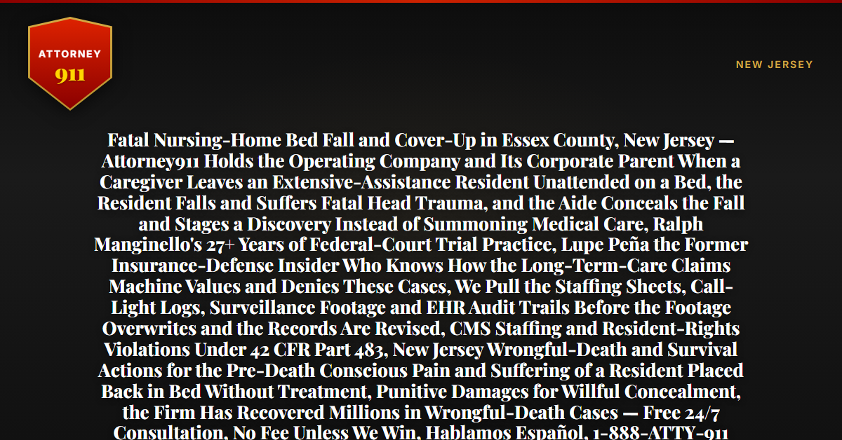 Fatal Nursing-Home Bed Fall and Cover-Up in Essex County, New Jersey — Attorney911 Holds the Operating Company and Its Corporate Parent When a Caregiver Leaves an Extensive-Assistance Resident Unattended on a Bed, the Resident Falls and Suffers Fatal Head Trauma, and the Aide Conceals the Fall and Stages a Discovery Instead of Summoning Medical Care, Ralph Manginello's 27+ Years of Federal-Court Trial Practice, Lupe Peña the Former Insurance-Defense Insider Who Knows How the Long-Term-Care Claims Machine Values and Denies These Cases, We Pull the Staffing Sheets, Call-Light Logs, Surveillance Footage and EHR Audit Trails Before the Footage Overwrites and the Records Are Revised, CMS Staffing and Resident-Rights Violations Under 42 CFR Part 483, New Jersey Wrongful-Death and Survival Actions for the Pre-Death Conscious Pain and Suffering of a Resident Placed Back in Bed Without Treatment, Punitive Damages for Willful Concealment, the Firm Has Recovered Millions in Wrongful-Death Cases — Free 24/7 Consultation, No Fee Unless We Win, Hablamos Español, 1-888-ATTY-911 - Attorney911