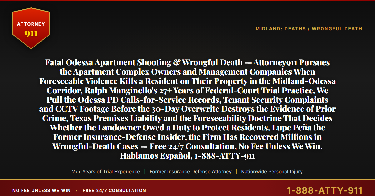 Fatal Odessa Apartment Shooting & Wrongful Death — Attorney911 Pursues the Apartment Complex Owners and Management Companies When Foreseeable Violence Kills a Resident on Their Property in the Midland-Odessa Corridor, Ralph Manginello's 27+ Years of Federal-Court Trial Practice, We Pull the Odessa PD Calls-for-Service Records, Tenant Security Complaints and CCTV Footage Before the 30-Day Overwrite Destroys the Evidence of Prior Crime, Texas Premises Liability and the Foreseeability Doctrine That Decides Whether the Landowner Owed a Duty to Protect Residents, Lupe Peña the Former Insurance-Defense Insider, the Firm Has Recovered Millions in Wrongful-Death Cases — Free 24/7 Consultation, No Fee Unless We Win, Hablamos Español, 1-888-ATTY-911 - Attorney911