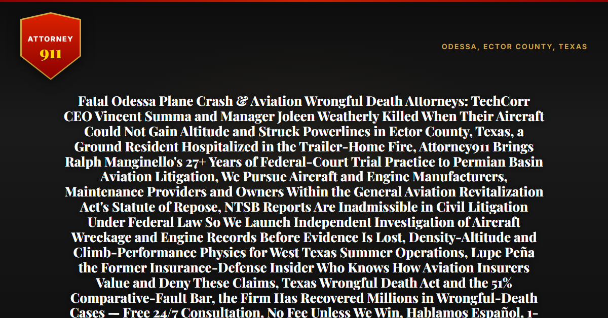 Fatal Odessa Plane Crash & Aviation Wrongful Death Attorneys: TechCorr CEO Vincent Summa and Manager Joleen Weatherly Killed When Their Aircraft Could Not Gain Altitude and Struck Powerlines in Ector County, Texas, a Ground Resident Hospitalized in the Trailer-Home Fire, Attorney911 Brings Ralph Manginello's 27+ Years of Federal-Court Trial Practice to Permian Basin Aviation Litigation, We Pursue Aircraft and Engine Manufacturers, Maintenance Providers and Owners Within the General Aviation Revitalization Act's Statute of Repose, NTSB Reports Are Inadmissible in Civil Litigation Under Federal Law So We Launch Independent Investigation of Aircraft Wreckage and Engine Records Before Evidence Is Lost, Density-Altitude and Climb-Performance Physics for West Texas Summer Operations, Lupe Peña the Former Insurance-Defense Insider Who Knows How Aviation Insurers Value and Deny These Claims, Texas Wrongful Death Act and the 51% Comparative-Fault Bar, the Firm Has Recovered Millions in Wrongful-Death Cases — Free 24/7 Consultation, No Fee Unless We Win, Hablamos Español, 1-888-ATTY-911 - Attorney911
