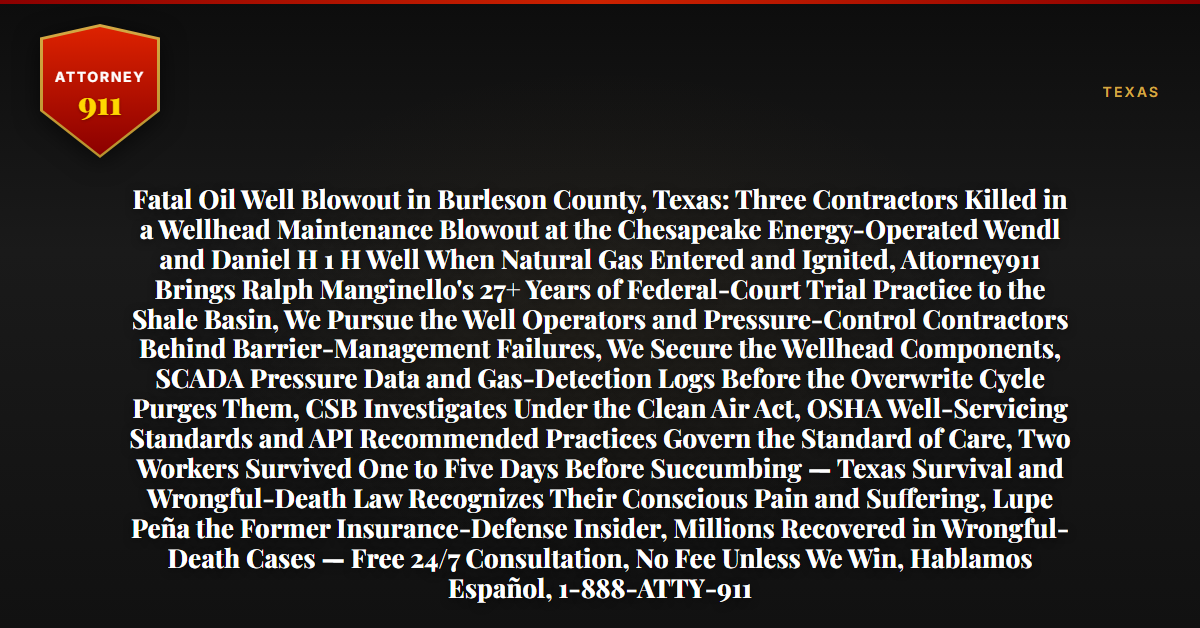 Fatal Oil Well Blowout in Burleson County, Texas: Three Contractors Killed in a Wellhead Maintenance Blowout at the Chesapeake Energy-Operated Wendl and Daniel H 1 H Well When Natural Gas Entered and Ignited, Attorney911 Brings Ralph Manginello's 27+ Years of Federal-Court Trial Practice to the Shale Basin, We Pursue the Well Operators and Pressure-Control Contractors Behind Barrier-Management Failures, We Secure the Wellhead Components, SCADA Pressure Data and Gas-Detection Logs Before the Overwrite Cycle Purges Them, CSB Investigates Under the Clean Air Act, OSHA Well-Servicing Standards and API Recommended Practices Govern the Standard of Care, Two Workers Survived One to Five Days Before Succumbing — Texas Survival and Wrongful-Death Law Recognizes Their Conscious Pain and Suffering, Lupe Peña the Former Insurance-Defense Insider, Millions Recovered in Wrongful-Death Cases — Free 24/7 Consultation, No Fee Unless We Win, Hablamos Español, 1-888-ATTY-911 - Attorney911