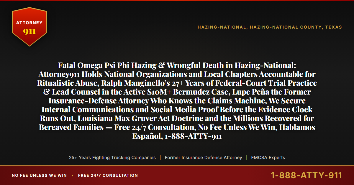 Fatal Omega Psi Phi Hazing & Wrongful Death in Hazing-National: Attorney911 Holds National Organizations and Local Chapters Accountable for Ritualistic Abuse, Ralph Manginello’s 27+ Years of Federal-Court Trial Practice & Lead Counsel in the Active $10M+ Bermudez Case, Lupe Peña the Former Insurance-Defense Attorney Who Knows the Claims Machine, We Secure Internal Communications and Social Media Proof Before the Evidence Clock Runs Out, Louisiana Max Gruver Act Doctrine and the Millions Recovered for Bereaved Families — Free 24/7 Consultation, No Fee Unless We Win, Hablamos Español, 1-888-ATTY-911 - Attorney911