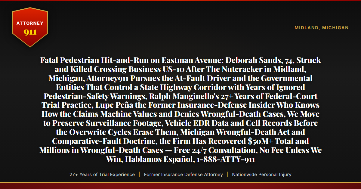 Fatal Pedestrian Hit-and-Run on Eastman Avenue: Deborah Sands, 74, Struck and Killed Crossing Business US-10 After The Nutcracker in Midland, Michigan, Attorney911 Pursues the At-Fault Driver and the Governmental Entities That Control a State Highway Corridor with Years of Ignored Pedestrian-Safety Warnings, Ralph Manginello's 27+ Years of Federal-Court Trial Practice, Lupe Peña the Former Insurance-Defense Insider Who Knows How the Claims Machine Values and Denies Wrongful-Death Cases, We Move to Preserve Surveillance Footage, Vehicle EDR Data and Cell Records Before the Overwrite Cycles Erase Them, Michigan Wrongful-Death Act and Comparative-Fault Doctrine, the Firm Has Recovered $50M+ Total and Millions in Wrongful-Death Cases — Free 24/7 Consultation, No Fee Unless We Win, Hablamos Español, 1-888-ATTY-911 - Attorney911