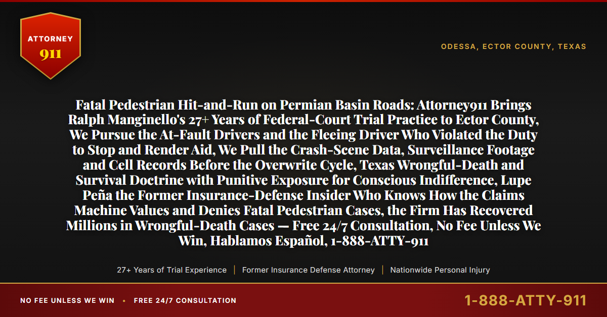 Fatal Pedestrian Hit-and-Run on Permian Basin Roads: Attorney911 Brings Ralph Manginello's 27+ Years of Federal-Court Trial Practice to Ector County, We Pursue the At-Fault Drivers and the Fleeing Driver Who Violated the Duty to Stop and Render Aid, We Pull the Crash-Scene Data, Surveillance Footage and Cell Records Before the Overwrite Cycle, Texas Wrongful-Death and Survival Doctrine with Punitive Exposure for Conscious Indifference, Lupe Peña the Former Insurance-Defense Insider Who Knows How the Claims Machine Values and Denies Fatal Pedestrian Cases, the Firm Has Recovered Millions in Wrongful-Death Cases — Free 24/7 Consultation, No Fee Unless We Win, Hablamos Español, 1-888-ATTY-911 - Attorney911
