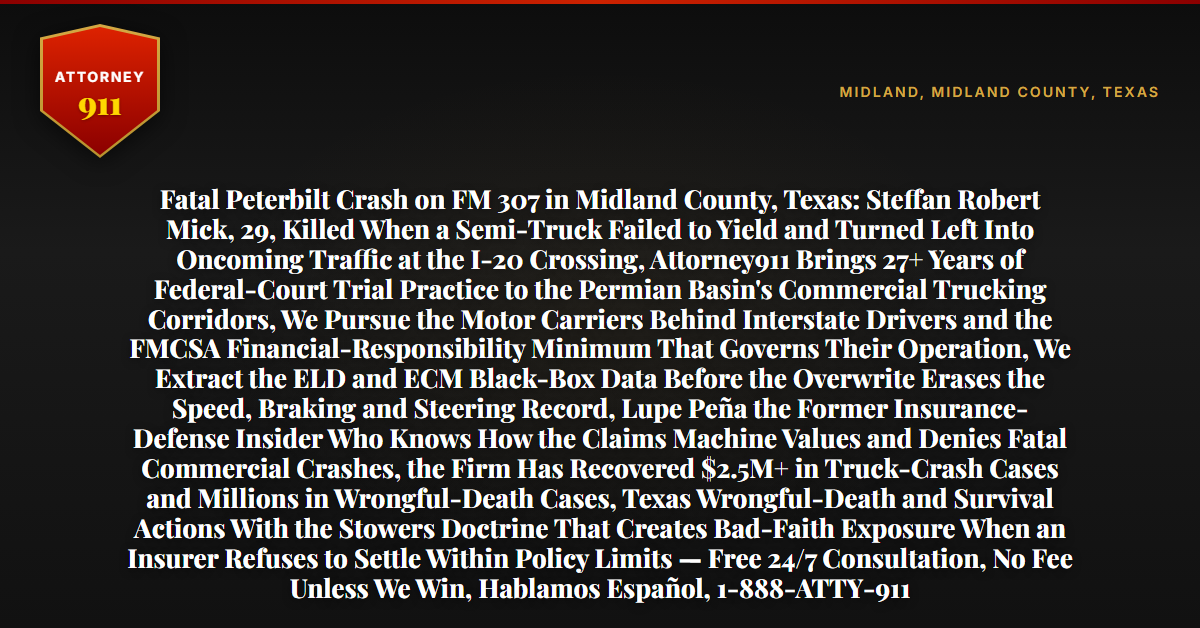 Fatal Peterbilt Crash on FM 307 in Midland County, Texas: Steffan Robert Mick, 29, Killed When a Semi-Truck Failed to Yield and Turned Left Into Oncoming Traffic at the I-20 Crossing, Attorney911 Brings 27+ Years of Federal-Court Trial Practice to the Permian Basin's Commercial Trucking Corridors, We Pursue the Motor Carriers Behind Interstate Drivers and the FMCSA Financial-Responsibility Minimum That Governs Their Operation, We Extract the ELD and ECM Black-Box Data Before the Overwrite Erases the Speed, Braking and Steering Record, Lupe Peña the Former Insurance-Defense Insider Who Knows How the Claims Machine Values and Denies Fatal Commercial Crashes, the Firm Has Recovered $2.5M+ in Truck-Crash Cases and Millions in Wrongful-Death Cases, Texas Wrongful-Death and Survival Actions With the Stowers Doctrine That Creates Bad-Faith Exposure When an Insurer Refuses to Settle Within Policy Limits — Free 24/7 Consultation, No Fee Unless We Win, Hablamos Español, 1-888-ATTY-911 - Attorney911