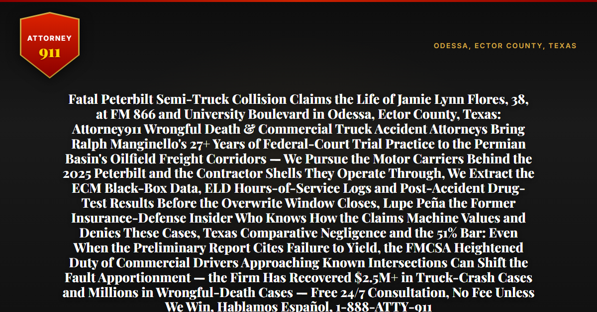 Fatal Peterbilt Semi-Truck Collision Claims the Life of Jamie Lynn Flores, 38, at FM 866 and University Boulevard in Odessa, Ector County, Texas: Attorney911 Wrongful Death & Commercial Truck Accident Attorneys Bring Ralph Manginello's 27+ Years of Federal-Court Trial Practice to the Permian Basin's Oilfield Freight Corridors — We Pursue the Motor Carriers Behind the 2025 Peterbilt and the Contractor Shells They Operate Through, We Extract the ECM Black-Box Data, ELD Hours-of-Service Logs and Post-Accident Drug-Test Results Before the Overwrite Window Closes, Lupe Peña the Former Insurance-Defense Insider Who Knows How the Claims Machine Values and Denies These Cases, Texas Comparative Negligence and the 51% Bar: Even When the Preliminary Report Cites Failure to Yield, the FMCSA Heightened Duty of Commercial Drivers Approaching Known Intersections Can Shift the Fault Apportionment — the Firm Has Recovered $2.5M+ in Truck-Crash Cases and Millions in Wrongful-Death Cases — Free 24/7 Consultation, No Fee Unless We Win, Hablamos Español, 1-888-ATTY-911 - Attorney911