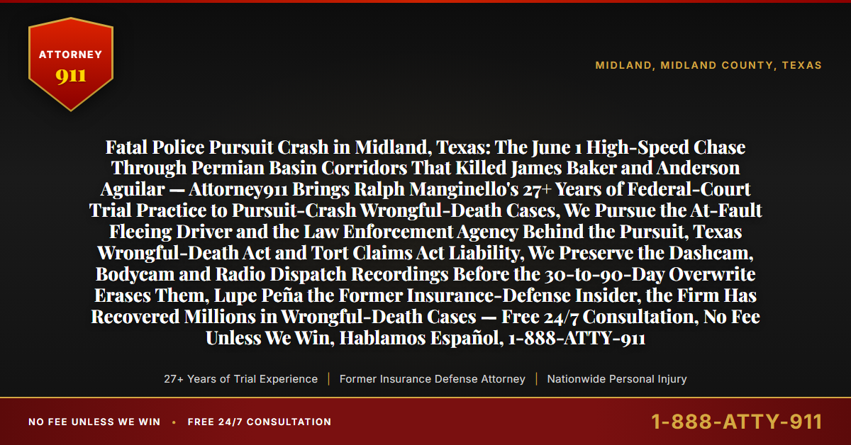 Fatal Police Pursuit Crash in Midland, Texas: The June 1 High-Speed Chase Through Permian Basin Corridors That Killed James Baker and Anderson Aguilar — Attorney911 Brings Ralph Manginello's 27+ Years of Federal-Court Trial Practice to Pursuit-Crash Wrongful-Death Cases, We Pursue the At-Fault Fleeing Driver and the Law Enforcement Agency Behind the Pursuit, Texas Wrongful-Death Act and Tort Claims Act Liability, We Preserve the Dashcam, Bodycam and Radio Dispatch Recordings Before the 30-to-90-Day Overwrite Erases Them, Lupe Peña the Former Insurance-Defense Insider, the Firm Has Recovered Millions in Wrongful-Death Cases — Free 24/7 Consultation, No Fee Unless We Win, Hablamos Español, 1-888-ATTY-911 - Attorney911