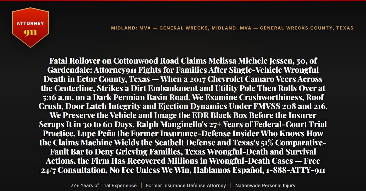 Fatal Rollover on Cottonwood Road Claims Melissa Michele Jessen, 50, of Gardendale: Attorney911 Fights for Families After Single-Vehicle Wrongful Death in Ector County, Texas — When a 2017 Chevrolet Camaro Veers Across the Centerline, Strikes a Dirt Embankment and Utility Pole Then Rolls Over at 5:16 a.m. on a Dark Permian Basin Road, We Examine Crashworthiness, Roof Crush, Door Latch Integrity and Ejection Dynamics Under FMVSS 208 and 216, We Preserve the Vehicle and Image the EDR Black Box Before the Insurer Scraps It in 30 to 60 Days, Ralph Manginello's 27+ Years of Federal-Court Trial Practice, Lupe Peña the Former Insurance-Defense Insider Who Knows How the Claims Machine Wields the Seatbelt Defense and Texas's 51% Comparative-Fault Bar to Deny Grieving Families, Texas Wrongful-Death and Survival Actions, the Firm Has Recovered Millions in Wrongful-Death Cases — Free 24/7 Consultation, No Fee Unless We Win, Hablamos Español, 1-888-ATTY-911 - Attorney911