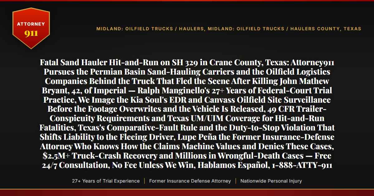 Fatal Sand Hauler Hit-and-Run on SH 329 in Crane County, Texas: Attorney911 Pursues the Permian Basin Sand-Hauling Carriers and the Oilfield Logistics Companies Behind the Truck That Fled the Scene After Killing John Mathew Bryant, 42, of Imperial — Ralph Manginello's 27+ Years of Federal-Court Trial Practice, We Image the Kia Soul's EDR and Canvass Oilfield Site Surveillance Before the Footage Overwrites and the Vehicle Is Released, 49 CFR Trailer-Conspicuity Requirements and Texas UM/UIM Coverage for Hit-and-Run Fatalities, Texas's Comparative-Fault Rule and the Duty-to-Stop Violation That Shifts Liability to the Fleeing Driver, Lupe Peña the Former Insurance-Defense Attorney Who Knows How the Claims Machine Values and Denies These Cases, $2.5M+ Truck-Crash Recovery and Millions in Wrongful-Death Cases — Free 24/7 Consultation, No Fee Unless We Win, Hablamos Español, 1-888-ATTY-911 - Attorney911