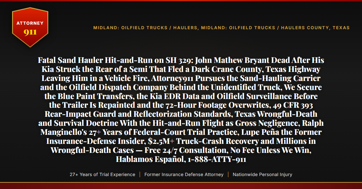 Fatal Sand Hauler Hit-and-Run on SH 329: John Mathew Bryant Dead After His Kia Struck the Rear of a Semi That Fled a Dark Crane County, Texas Highway Leaving Him in a Vehicle Fire, Attorney911 Pursues the Sand-Hauling Carrier and the Oilfield Dispatch Company Behind the Unidentified Truck, We Secure the Blue Paint Transfers, the Kia EDR Data and Oilfield Surveillance Before the Trailer Is Repainted and the 72-Hour Footage Overwrites, 49 CFR 393 Rear-Impact Guard and Reflectorization Standards, Texas Wrongful-Death and Survival Doctrine With the Hit-and-Run Flight as Gross Negligence, Ralph Manginello's 27+ Years of Federal-Court Trial Practice, Lupe Peña the Former Insurance-Defense Insider, $2.5M+ Truck-Crash Recovery and Millions in Wrongful-Death Cases — Free 24/7 Consultation, No Fee Unless We Win, Hablamos Español, 1-888-ATTY-911 - Attorney911