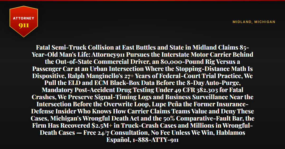 Fatal Semi-Truck Collision at East Buttles and State in Midland Claims 85-Year-Old Man's Life: Attorney911 Pursues the Interstate Motor Carrier Behind the Out-of-State Commercial Driver, an 80,000-Pound Rig Versus a Passenger Car at an Urban Intersection Where the Stopping-Distance Math Is Dispositive, Ralph Manginello's 27+ Years of Federal-Court Trial Practice, We Pull the ELD and ECM Black-Box Data Before the 8-Day Auto-Purge, Mandatory Post-Accident Drug Testing Under 49 CFR 382.303 for Fatal Crashes, We Preserve Signal-Timing Logs and Business Surveillance Near the Intersection Before the Overwrite Loop, Lupe Peña the Former Insurance-Defense Insider Who Knows How Carrier Claims Teams Value and Deny These Cases, Michigan's Wrongful Death Act and the 50% Comparative-Fault Bar, the Firm Has Recovered $2.5M+ in Truck-Crash Cases and Millions in Wrongful-Death Cases — Free 24/7 Consultation, No Fee Unless We Win, Hablamos Español, 1-888-ATTY-911 - Attorney911