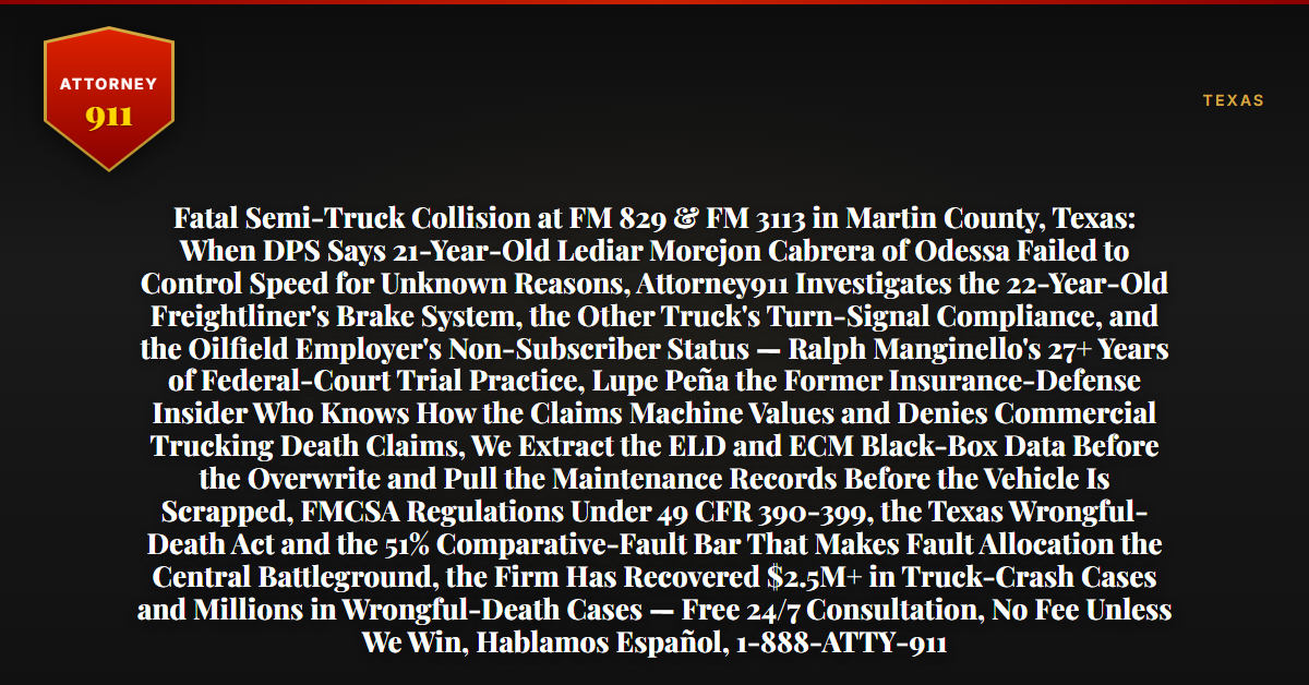 Fatal Semi-Truck Collision at FM 829 & FM 3113 in Martin County, Texas: When DPS Says 21-Year-Old Lediar Morejon Cabrera of Odessa Failed to Control Speed for Unknown Reasons, Attorney911 Investigates the 22-Year-Old Freightliner's Brake System, the Other Truck's Turn-Signal Compliance, and the Oilfield Employer's Non-Subscriber Status — Ralph Manginello's 27+ Years of Federal-Court Trial Practice, Lupe Peña the Former Insurance-Defense Insider Who Knows How the Claims Machine Values and Denies Commercial Trucking Death Claims, We Extract the ELD and ECM Black-Box Data Before the Overwrite and Pull the Maintenance Records Before the Vehicle Is Scrapped, FMCSA Regulations Under 49 CFR 390-399, the Texas Wrongful-Death Act and the 51% Comparative-Fault Bar That Makes Fault Allocation the Central Battleground, the Firm Has Recovered $2.5M+ in Truck-Crash Cases and Millions in Wrongful-Death Cases — Free 24/7 Consultation, No Fee Unless We Win, Hablamos Español, 1-888-ATTY-911 - Attorney911
