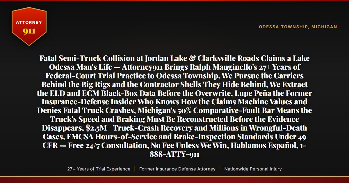 Fatal Semi-Truck Collision at Jordan Lake & Clarksville Roads Claims a Lake Odessa Man's Life — Attorney911 Brings Ralph Manginello's 27+ Years of Federal-Court Trial Practice to Odessa Township, We Pursue the Carriers Behind the Big Rigs and the Contractor Shells They Hide Behind, We Extract the ELD and ECM Black-Box Data Before the Overwrite, Lupe Peña the Former Insurance-Defense Insider Who Knows How the Claims Machine Values and Denies Fatal Truck Crashes, Michigan's 50% Comparative-Fault Bar Means the Truck's Speed and Braking Must Be Reconstructed Before the Evidence Disappears, $2.5M+ Truck-Crash Recovery and Millions in Wrongful-Death Cases, FMCSA Hours-of-Service and Brake-Inspection Standards Under 49 CFR — Free 24/7 Consultation, No Fee Unless We Win, Hablamos Español, 1-888-ATTY-911 - Attorney911