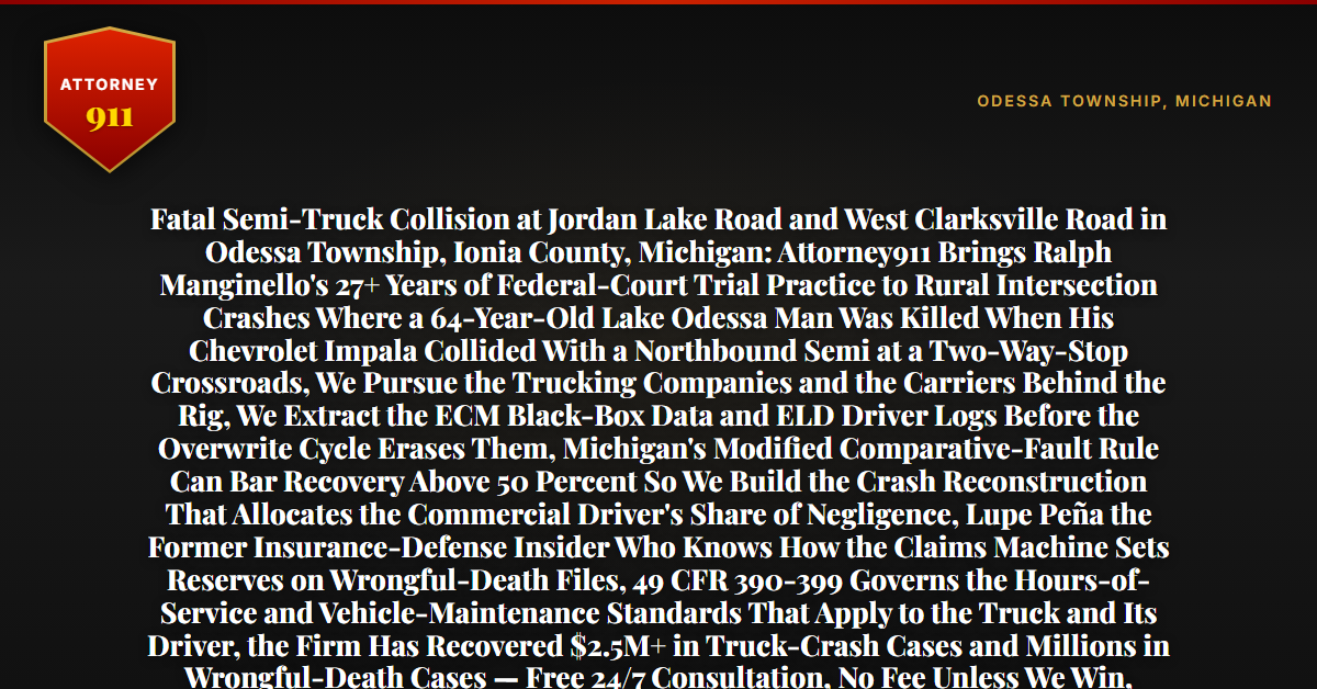 Fatal Semi-Truck Collision at Jordan Lake Road and West Clarksville Road in Odessa Township, Ionia County, Michigan: Attorney911 Brings Ralph Manginello's 27+ Years of Federal-Court Trial Practice to Rural Intersection Crashes Where a 64-Year-Old Lake Odessa Man Was Killed When His Chevrolet Impala Collided With a Northbound Semi at a Two-Way-Stop Crossroads, We Pursue the Trucking Companies and the Carriers Behind the Rig, We Extract the ECM Black-Box Data and ELD Driver Logs Before the Overwrite Cycle Erases Them, Michigan's Modified Comparative-Fault Rule Can Bar Recovery Above 50 Percent So We Build the Crash Reconstruction That Allocates the Commercial Driver's Share of Negligence, Lupe Peña the Former Insurance-Defense Insider Who Knows How the Claims Machine Sets Reserves on Wrongful-Death Files, 49 CFR 390-399 Governs the Hours-of-Service and Vehicle-Maintenance Standards That Apply to the Truck and Its Driver, the Firm Has Recovered $2.5M+ in Truck-Crash Cases and Millions in Wrongful-Death Cases — Free 24/7 Consultation, No Fee Unless We Win, Hablamos Español, 1-888-ATTY-911 - Attorney911