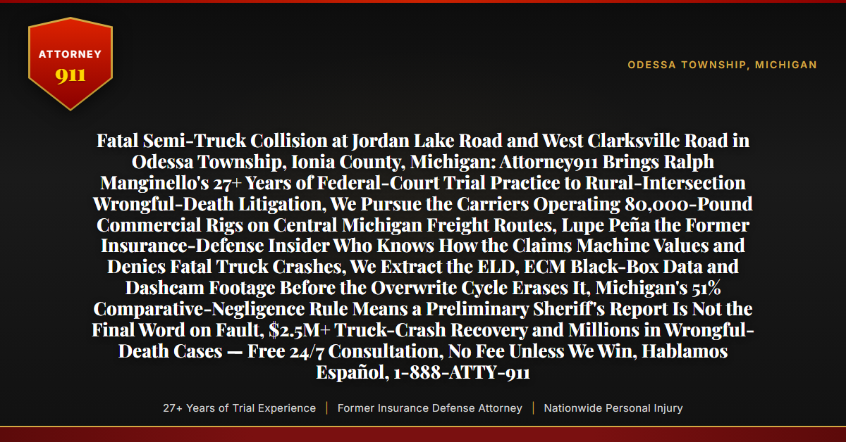 Fatal Semi-Truck Collision at Jordan Lake Road and West Clarksville Road in Odessa Township, Ionia County, Michigan: Attorney911 Brings Ralph Manginello's 27+ Years of Federal-Court Trial Practice to Rural-Intersection Wrongful-Death Litigation, We Pursue the Carriers Operating 80,000-Pound Commercial Rigs on Central Michigan Freight Routes, Lupe Peña the Former Insurance-Defense Insider Who Knows How the Claims Machine Values and Denies Fatal Truck Crashes, We Extract the ELD, ECM Black-Box Data and Dashcam Footage Before the Overwrite Cycle Erases It, Michigan's 51% Comparative-Negligence Rule Means a Preliminary Sheriff's Report Is Not the Final Word on Fault, $2.5M+ Truck-Crash Recovery and Millions in Wrongful-Death Cases — Free 24/7 Consultation, No Fee Unless We Win, Hablamos Español, 1-888-ATTY-911 - Attorney911