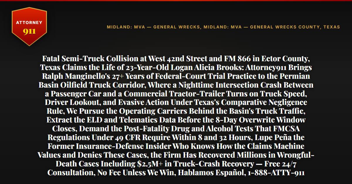 Fatal Semi-Truck Collision at West 42nd Street and FM 866 in Ector County, Texas Claims the Life of 23-Year-Old Logan Alicia Brooks: Attorney911 Brings Ralph Manginello's 27+ Years of Federal-Court Trial Practice to the Permian Basin Oilfield Truck Corridor, Where a Nighttime Intersection Crash Between a Passenger Car and a Commercial Tractor-Trailer Turns on Truck Speed, Driver Lookout, and Evasive Action Under Texas's Comparative Negligence Rule, We Pursue the Operating Carriers Behind the Basin's Truck Traffic, Extract the ELD and Telematics Data Before the 8-Day Overwrite Window Closes, Demand the Post-Fatality Drug and Alcohol Tests That FMCSA Regulations Under 49 CFR Require Within 8 and 32 Hours, Lupe Peña the Former Insurance-Defense Insider Who Knows How the Claims Machine Values and Denies These Cases, the Firm Has Recovered Millions in Wrongful-Death Cases Including $2.5M+ in Truck-Crash Recovery — Free 24/7 Consultation, No Fee Unless We Win, Hablamos Español, 1-888-ATTY-911 - Attorney911
