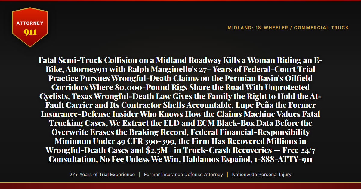 Fatal Semi-Truck Collision on a Midland Roadway Kills a Woman Riding an E-Bike, Attorney911 with Ralph Manginello's 27+ Years of Federal-Court Trial Practice Pursues Wrongful-Death Claims on the Permian Basin's Oilfield Corridors Where 80,000-Pound Rigs Share the Road With Unprotected Cyclists, Texas Wrongful-Death Law Gives the Family the Right to Hold the At-Fault Carrier and Its Contractor Shells Accountable, Lupe Peña the Former Insurance-Defense Insider Who Knows How the Claims Machine Values Fatal Trucking Cases, We Extract the ELD and ECM Black-Box Data Before the Overwrite Erases the Braking Record, Federal Financial-Responsibility Minimum Under 49 CFR 390-399, the Firm Has Recovered Millions in Wrongful-Death Cases and $2.5M+ in Truck-Crash Recoveries — Free 24/7 Consultation, No Fee Unless We Win, Hablamos Español, 1-888-ATTY-911 - Attorney911