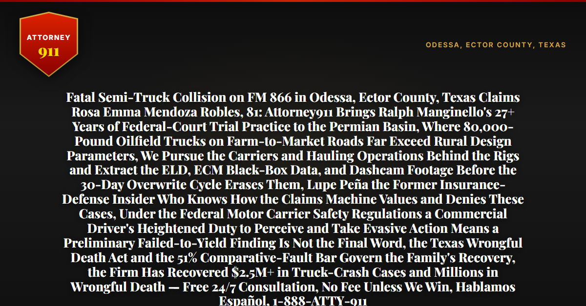Fatal Semi-Truck Collision on FM 866 in Odessa, Ector County, Texas Claims Rosa Emma Mendoza Robles, 81: Attorney911 Brings Ralph Manginello's 27+ Years of Federal-Court Trial Practice to the Permian Basin, Where 80,000-Pound Oilfield Trucks on Farm-to-Market Roads Far Exceed Rural Design Parameters, We Pursue the Carriers and Hauling Operations Behind the Rigs and Extract the ELD, ECM Black-Box Data, and Dashcam Footage Before the 30-Day Overwrite Cycle Erases Them, Lupe Peña the Former Insurance-Defense Insider Who Knows How the Claims Machine Values and Denies These Cases, Under the Federal Motor Carrier Safety Regulations a Commercial Driver's Heightened Duty to Perceive and Take Evasive Action Means a Preliminary Failed-to-Yield Finding Is Not the Final Word, the Texas Wrongful Death Act and the 51% Comparative-Fault Bar Govern the Family's Recovery, the Firm Has Recovered $2.5M+ in Truck-Crash Cases and Millions in Wrongful Death — Free 24/7 Consultation, No Fee Unless We Win, Hablamos Español, 1-888-ATTY-911 - Attorney911