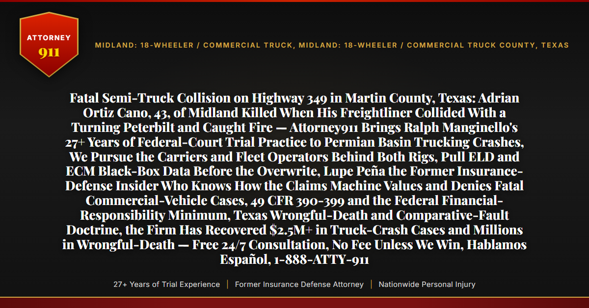 Fatal Semi-Truck Collision on Highway 349 in Martin County, Texas: Adrian Ortiz Cano, 43, of Midland Killed When His Freightliner Collided With a Turning Peterbilt and Caught Fire — Attorney911 Brings Ralph Manginello's 27+ Years of Federal-Court Trial Practice to Permian Basin Trucking Crashes, We Pursue the Carriers and Fleet Operators Behind Both Rigs, Pull ELD and ECM Black-Box Data Before the Overwrite, Lupe Peña the Former Insurance-Defense Insider Who Knows How the Claims Machine Values and Denies Fatal Commercial-Vehicle Cases, 49 CFR 390-399 and the Federal Financial-Responsibility Minimum, Texas Wrongful-Death and Comparative-Fault Doctrine, the Firm Has Recovered $2.5M+ in Truck-Crash Cases and Millions in Wrongful-Death — Free 24/7 Consultation, No Fee Unless We Win, Hablamos Español, 1-888-ATTY-911 - Attorney911