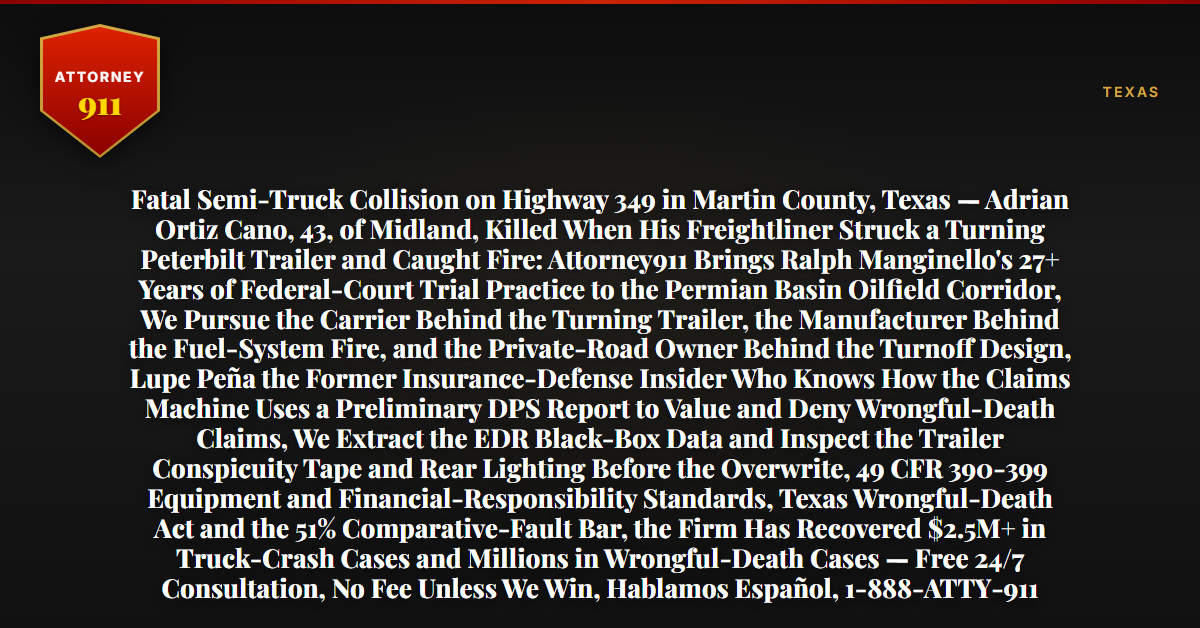 Fatal Semi-Truck Collision on Highway 349 in Martin County, Texas — Adrian Ortiz Cano, 43, of Midland, Killed When His Freightliner Struck a Turning Peterbilt Trailer and Caught Fire: Attorney911 Brings Ralph Manginello's 27+ Years of Federal-Court Trial Practice to the Permian Basin Oilfield Corridor, We Pursue the Carrier Behind the Turning Trailer, the Manufacturer Behind the Fuel-System Fire, and the Private-Road Owner Behind the Turnoff Design, Lupe Peña the Former Insurance-Defense Insider Who Knows How the Claims Machine Uses a Preliminary DPS Report to Value and Deny Wrongful-Death Claims, We Extract the EDR Black-Box Data and Inspect the Trailer Conspicuity Tape and Rear Lighting Before the Overwrite, 49 CFR 390-399 Equipment and Financial-Responsibility Standards, Texas Wrongful-Death Act and the 51% Comparative-Fault Bar, the Firm Has Recovered $2.5M+ in Truck-Crash Cases and Millions in Wrongful-Death Cases — Free 24/7 Consultation, No Fee Unless We Win, Hablamos Español, 1-888-ATTY-911 - Attorney911