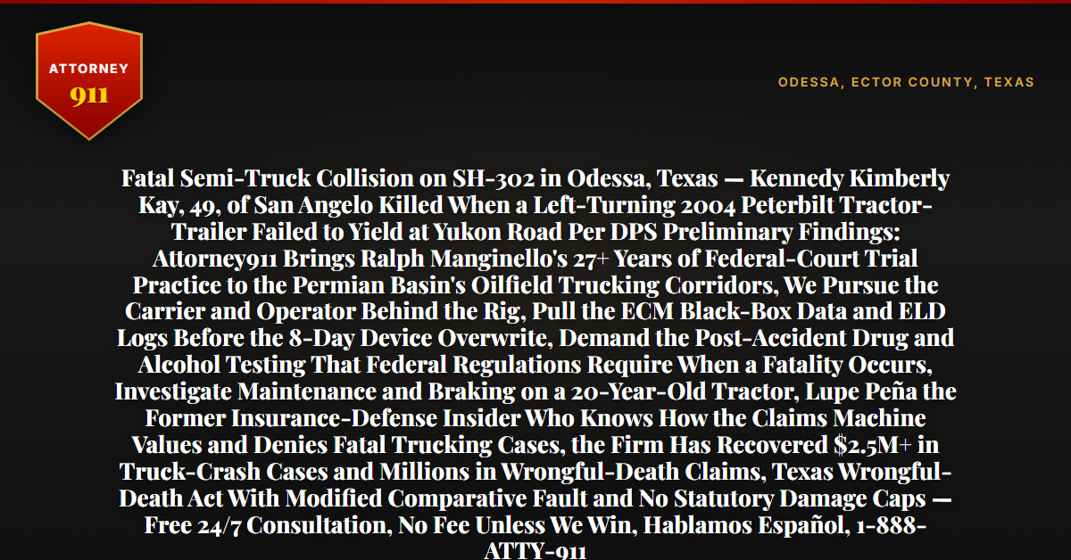 Fatal Semi-Truck Collision on SH-302 in Odessa, Texas — Kennedy Kimberly Kay, 49, of San Angelo Killed When a Left-Turning 2004 Peterbilt Tractor-Trailer Failed to Yield at Yukon Road Per DPS Preliminary Findings: Attorney911 Brings Ralph Manginello's 27+ Years of Federal-Court Trial Practice to the Permian Basin's Oilfield Trucking Corridors, We Pursue the Carrier and Operator Behind the Rig, Pull the ECM Black-Box Data and ELD Logs Before the 8-Day Device Overwrite, Demand the Post-Accident Drug and Alcohol Testing That Federal Regulations Require When a Fatality Occurs, Investigate Maintenance and Braking on a 20-Year-Old Tractor, Lupe Peña the Former Insurance-Defense Insider Who Knows How the Claims Machine Values and Denies Fatal Trucking Cases, the Firm Has Recovered $2.5M+ in Truck-Crash Cases and Millions in Wrongful-Death Claims, Texas Wrongful-Death Act With Modified Comparative Fault and No Statutory Damage Caps — Free 24/7 Consultation, No Fee Unless We Win, Hablamos Español, 1-888-ATTY-911 - Attorney911